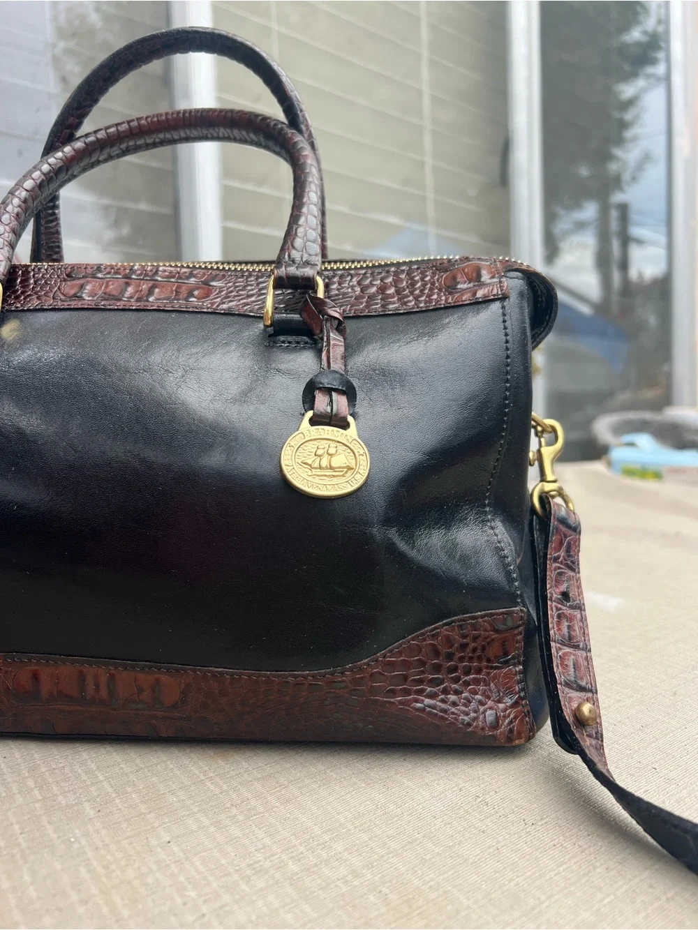Brahmin Black Leather Satchel with Brown Croc-Embossed Trim